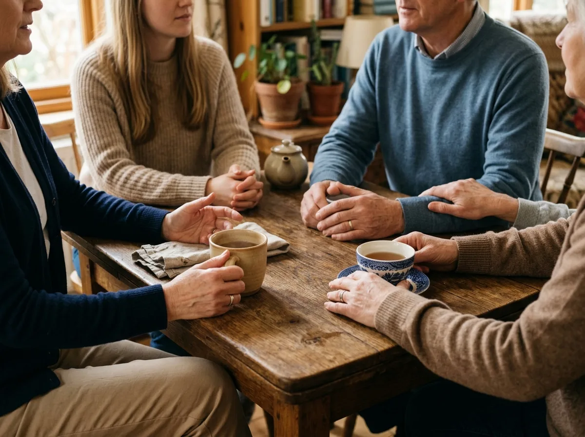 Разговор за кухонным столом: руки собеседников и чашки чая